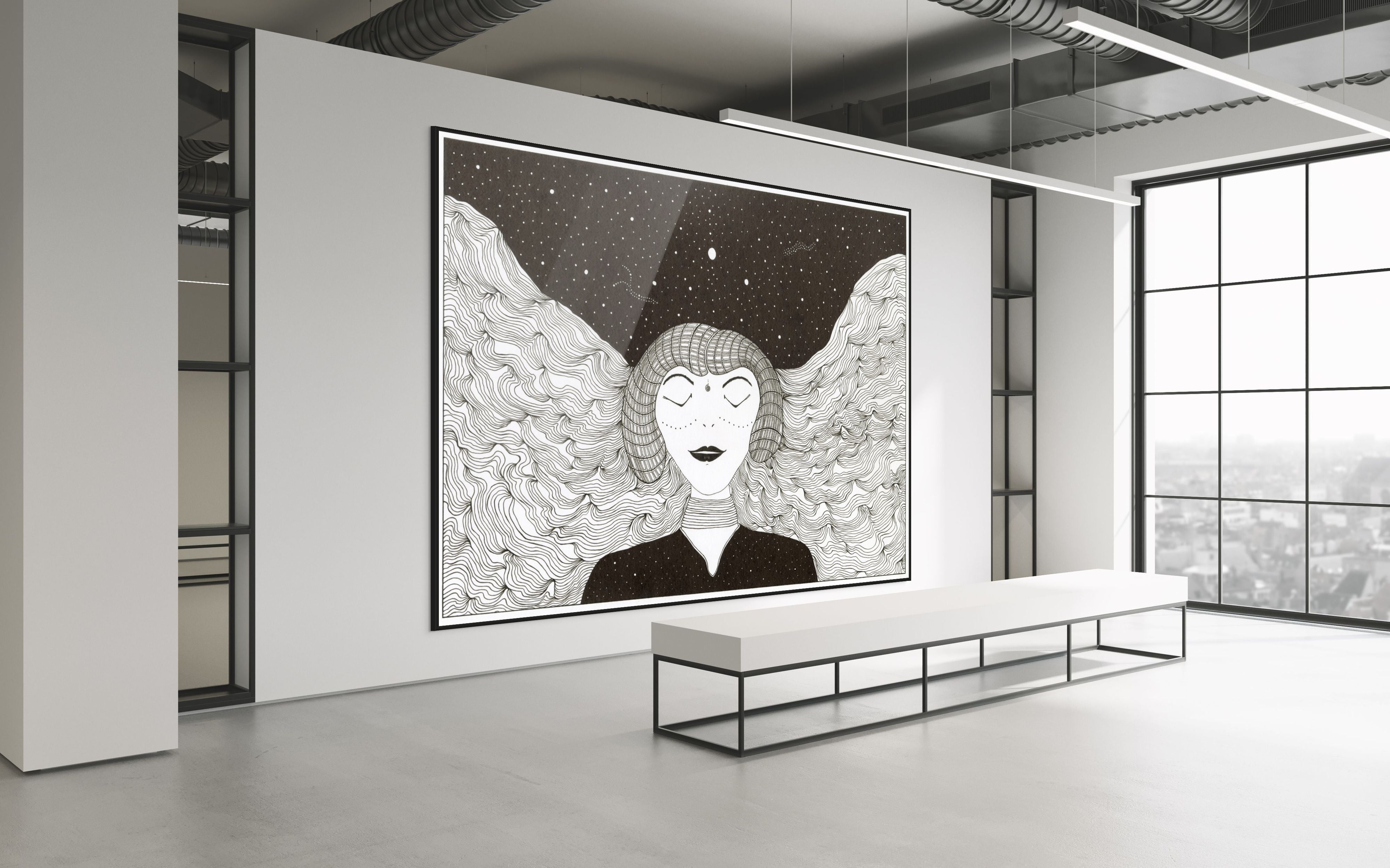 Cosmic Girl And The Night Sky – Open Edition Archival Monochrome Dreamy Ink Print