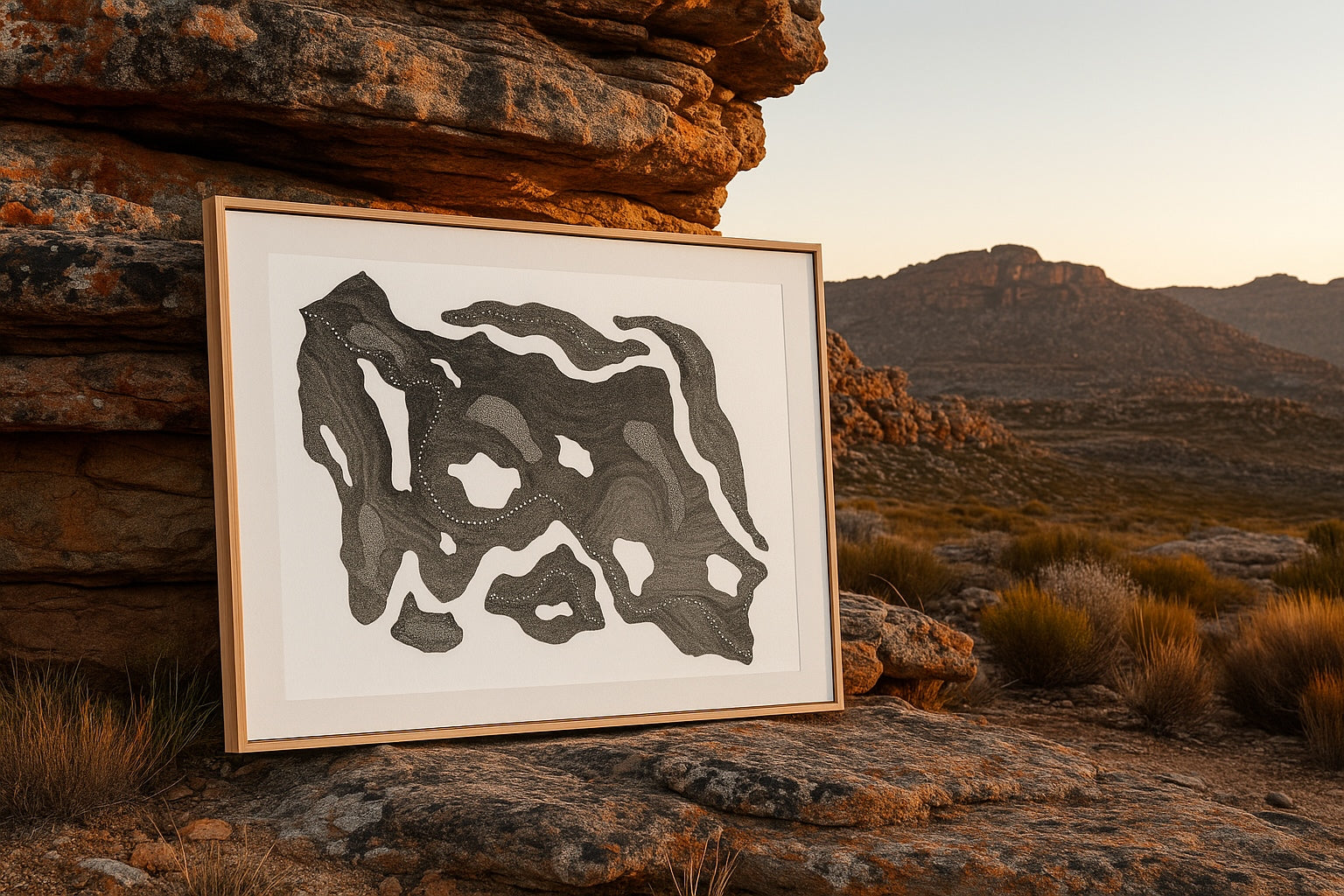 Framed monochrome ink artwork with flowing black shapes displayed outdoors against Cederberg mountains and sky at sunset.