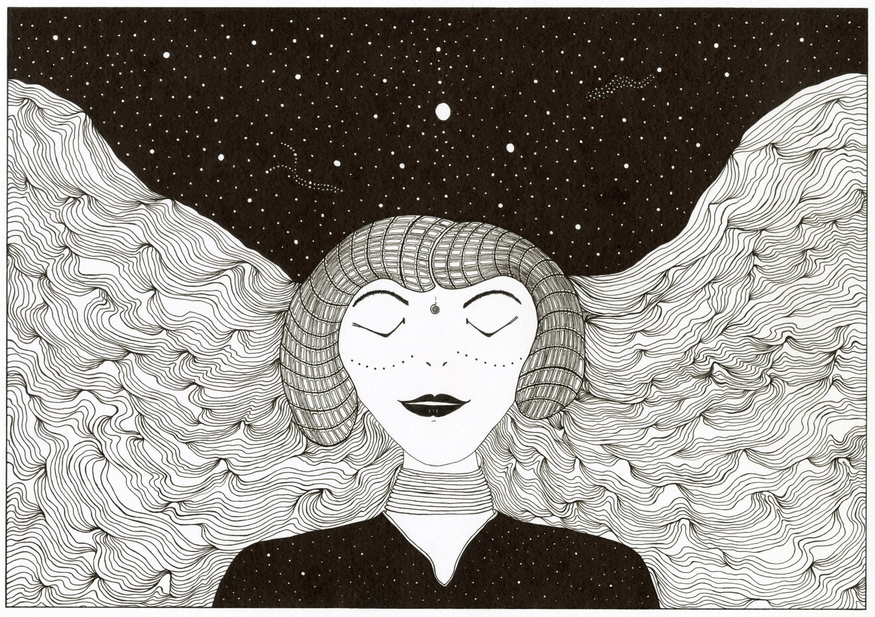 Cosmic Girl And The Night Sky – Open Edition Archival Monochrome Dreamy Ink Print